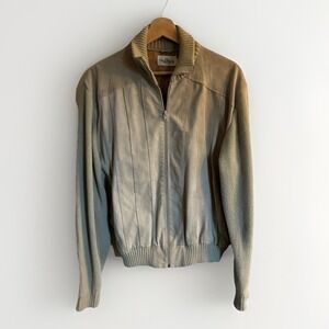 Vintage Oleg Cassini Suede Leather Knit Bomber Jacket Mens XL‎ Ivory Grandpa